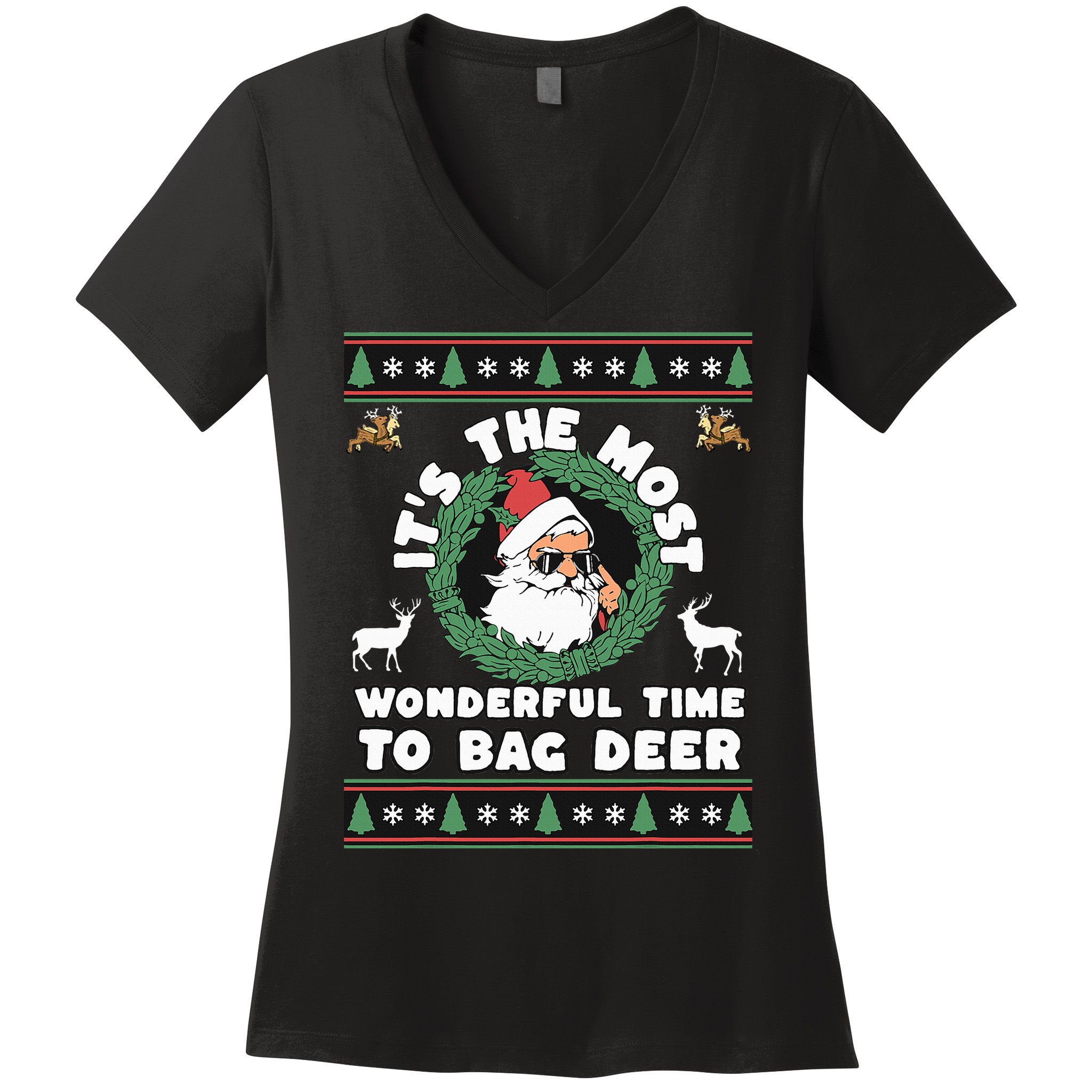 Holiday Hunting Bag with Festive Deer Women's V-Neck T-Shirt