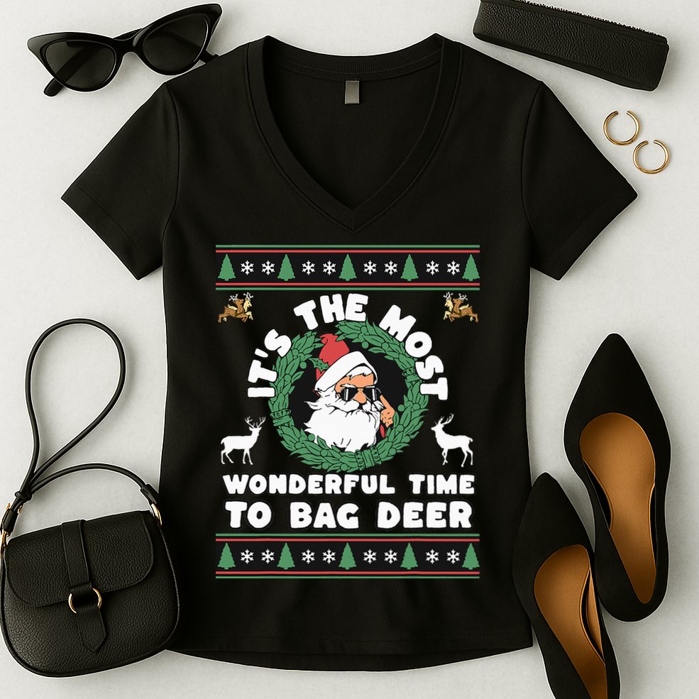Holiday Hunting Bag with Festive Deer Women's V-Neck T-Shirt