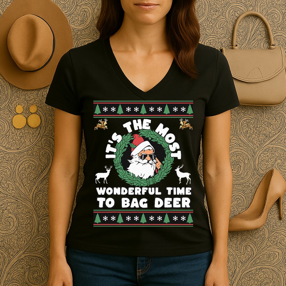 Holiday Hunting Bag with Festive Deer Women's V-Neck T-Shirt