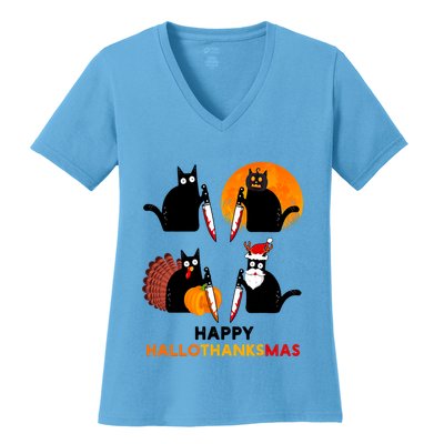 Happy Hallothanksmas Black Cat Halloween Thanksgiving Women's V-Neck T-Shirt