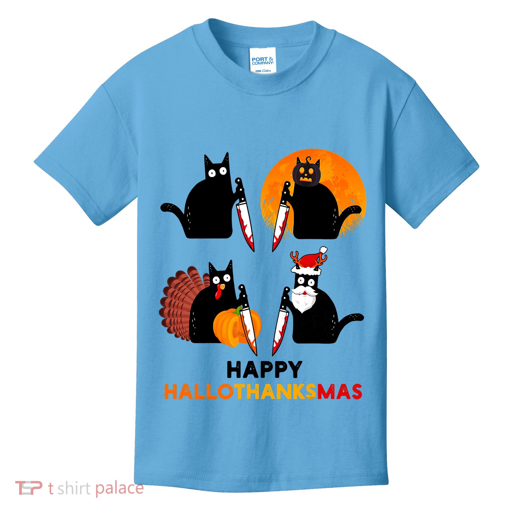 Happy Hallothanksmas Black Cat Halloween Thanksgiving Kids T-Shirt