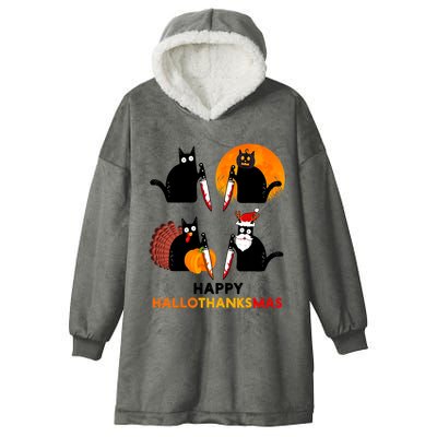 Happy Hallothanksmas Black Cat Halloween Thanksgiving Hooded Wearable Blanket