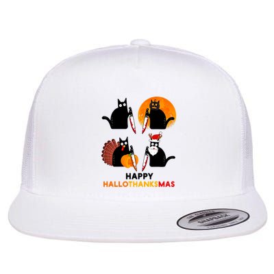 Happy Hallothanksmas Black Cat Halloween Thanksgiving Flatbill Hat