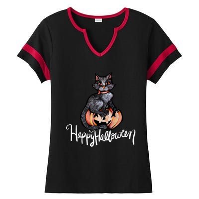 Happy Halloween Black Cat Pumpkin Meaningful Gift Ladies Halftime Notch Neck Tee