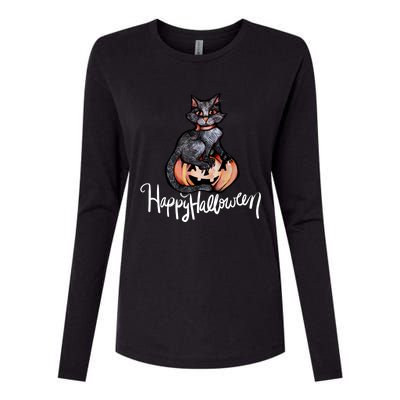 Happy Halloween Black Cat Pumpkin Meaningful Gift Womens Cotton Relaxed Long Sleeve T-Shirt