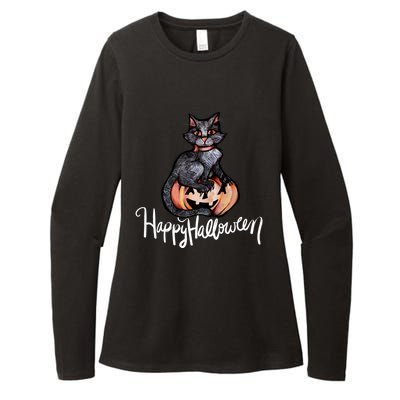 Happy Halloween Black Cat Pumpkin Meaningful Gift Womens CVC Long Sleeve Shirt