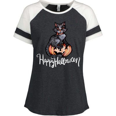 Happy Halloween Black Cat Pumpkin Meaningful Gift Enza Ladies Jersey Colorblock Tee