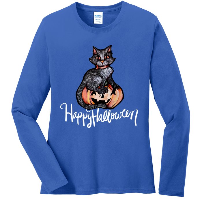 Happy Halloween Black Cat Pumpkin Meaningful Gift Ladies Long Sleeve Shirt