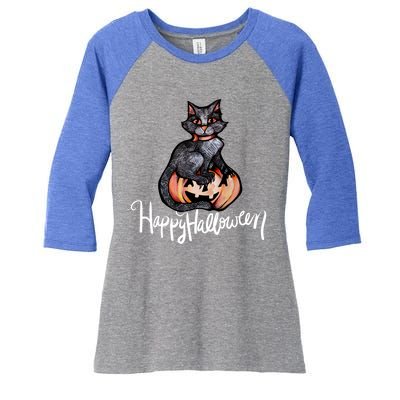 Happy Halloween Black Cat Pumpkin Meaningful Gift Women's Tri-Blend 3/4-Sleeve Raglan Shirt