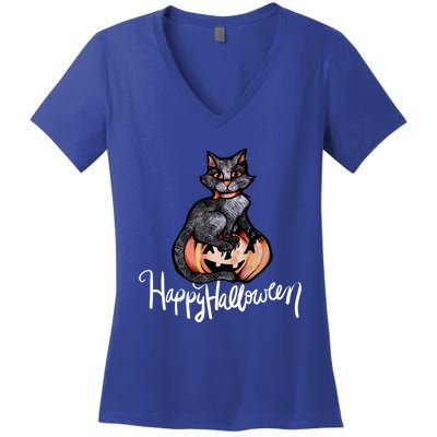 Happy Halloween Black Cat Pumpkin Meaningful Gift Women's V-Neck T-Shirt