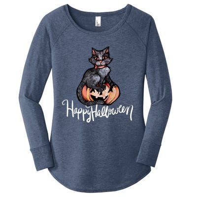 Happy Halloween Black Cat Pumpkin Meaningful Gift Women's Perfect Tri Tunic Long Sleeve Shirt