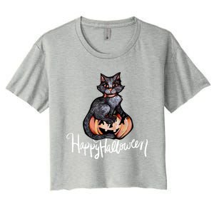 Happy Halloween Black Cat Pumpkin Meaningful Gift Women's Crop Top Tee