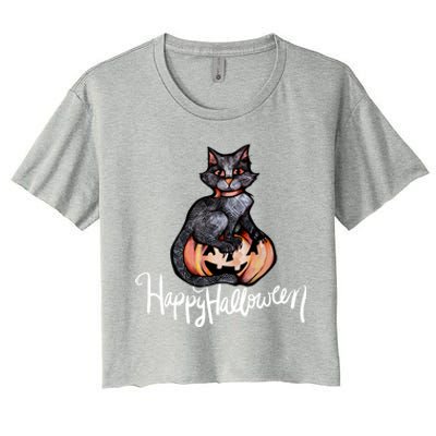 Happy Halloween Black Cat Pumpkin Meaningful Gift Women's Crop Top Tee