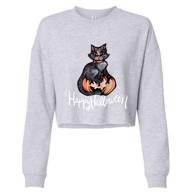 Happy Halloween Black Cat Pumpkin Meaningful Gift Cropped Pullover Crew