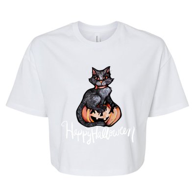 Happy Halloween Black Cat Pumpkin Meaningful Gift Bella+Canvas Jersey Crop Tee