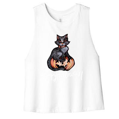 Happy Halloween Black Cat Pumpkin Meaningful Gift Women's Racerback Cropped Tank