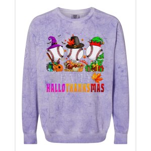 Happy Hallothanksmas Baseball Halloween Thanksgiving Xmas Colorblast Crewneck Sweatshirt