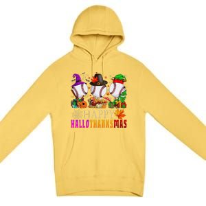 Happy Hallothanksmas Baseball Halloween Thanksgiving Xmas Premium Pullover Hoodie