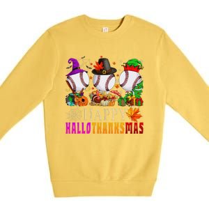 Happy Hallothanksmas Baseball Halloween Thanksgiving Xmas Premium Crewneck Sweatshirt