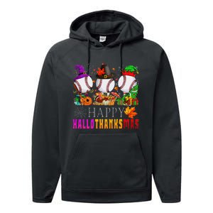 Happy Hallothanksmas Baseball Halloween Thanksgiving Xmas Performance Fleece Hoodie