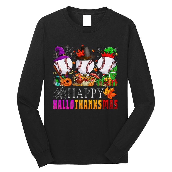 Happy Hallothanksmas Baseball Halloween Thanksgiving Xmas Long Sleeve Shirt