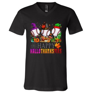 Happy Hallothanksmas Baseball Halloween Thanksgiving Xmas V-Neck T-Shirt