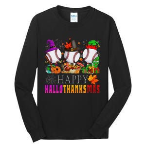 Happy Hallothanksmas Baseball Halloween Thanksgiving Xmas Tall Long Sleeve T-Shirt