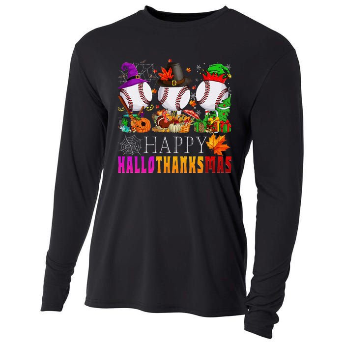 Happy Hallothanksmas Baseball Halloween Thanksgiving Xmas Cooling Performance Long Sleeve Crew