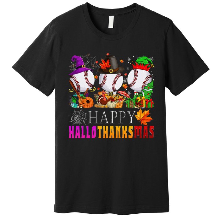 Happy Hallothanksmas Baseball Halloween Thanksgiving Xmas Premium T-Shirt