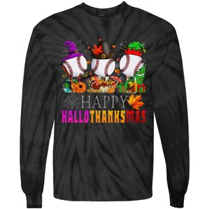 Happy Hallothanksmas Baseball Halloween Thanksgiving Xmas Tie-Dye Long Sleeve Shirt