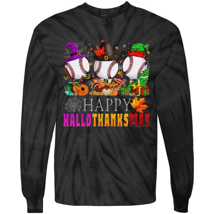 Happy Hallothanksmas Baseball Halloween Thanksgiving Xmas Tie-Dye Long Sleeve Shirt