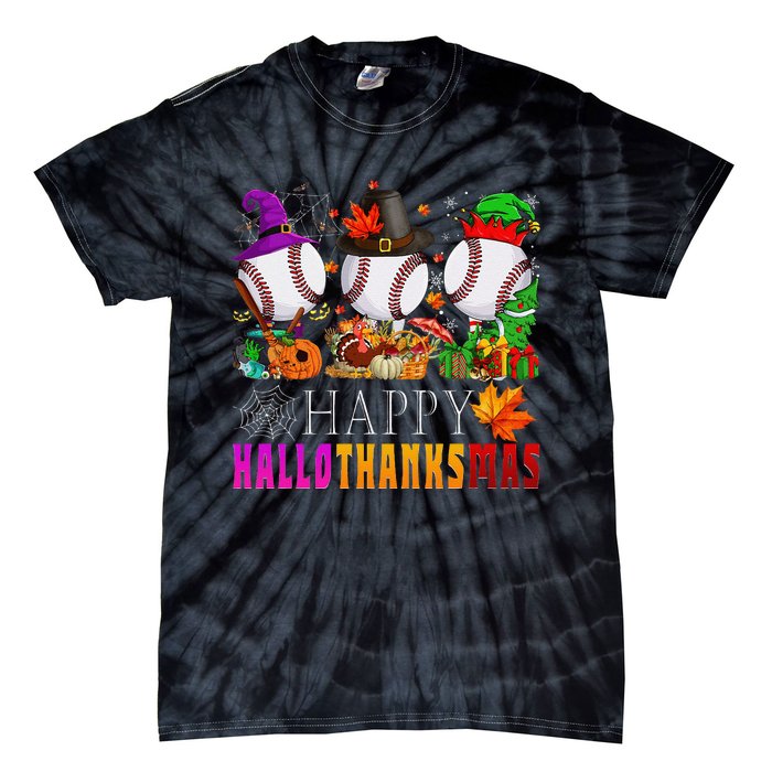 Happy Hallothanksmas Baseball Halloween Thanksgiving Xmas Tie-Dye T-Shirt