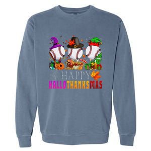 Happy Hallothanksmas Baseball Halloween Thanksgiving Xmas Garment-Dyed Sweatshirt