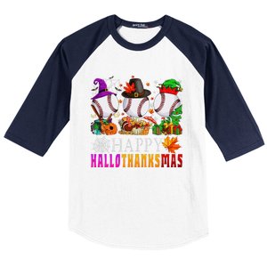 Happy Hallothanksmas Baseball Halloween Thanksgiving Xmas Baseball Sleeve Shirt