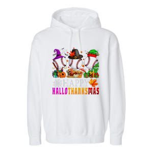 Happy Hallothanksmas Baseball Halloween Thanksgiving Xmas Garment-Dyed Fleece Hoodie