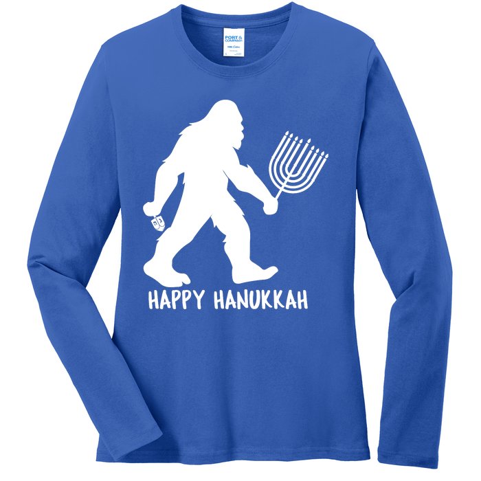 Happy Hanukkah Bigfoot Funny Gift Ladies Long Sleeve Shirt