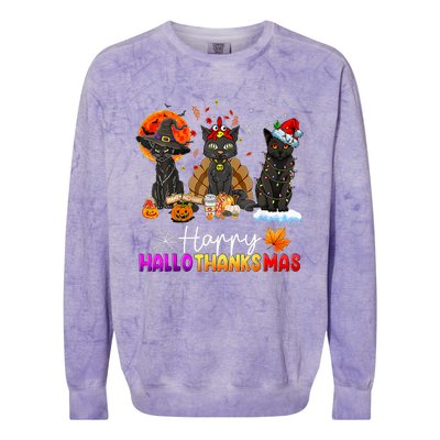 Happy Hallothanksmas Black Cat Halloween Thanksgiving Xmas Colorblast Crewneck Sweatshirt