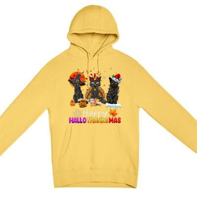 Happy Hallothanksmas Black Cat Halloween Thanksgiving Xmas Premium Pullover Hoodie