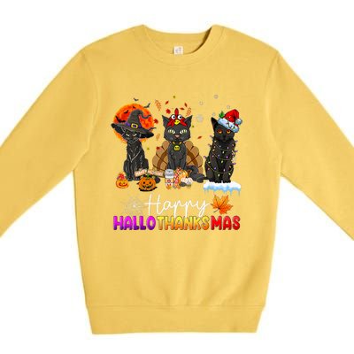 Happy Hallothanksmas Black Cat Halloween Thanksgiving Xmas Premium Crewneck Sweatshirt