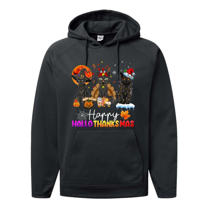 Happy Hallothanksmas Black Cat Halloween Thanksgiving Xmas Performance Fleece Hoodie