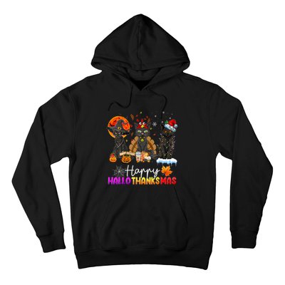 Happy Hallothanksmas Black Cat Halloween Thanksgiving Xmas Hoodie