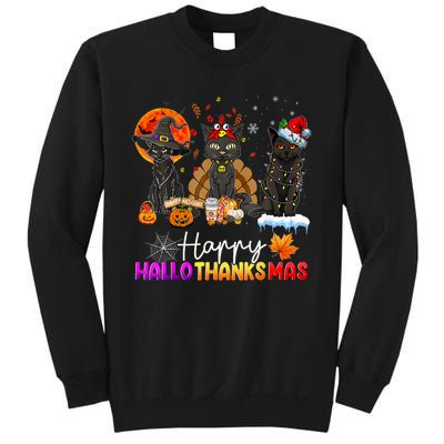 Happy Hallothanksmas Black Cat Halloween Thanksgiving Xmas Sweatshirt