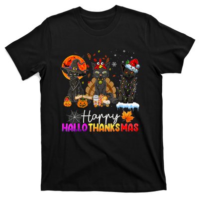 Happy Hallothanksmas Black Cat Halloween Thanksgiving Xmas T-Shirt