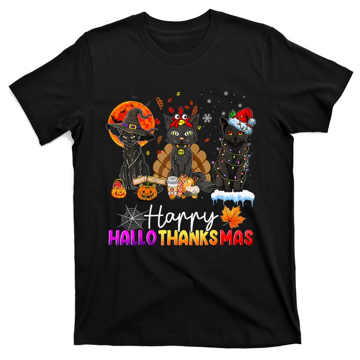 Happy Hallothanksmas Black Cat Halloween Thanksgiving Xmas T-Shirt