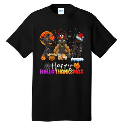 Happy Hallothanksmas Black Cat Halloween Thanksgiving Xmas Tall T-Shirt