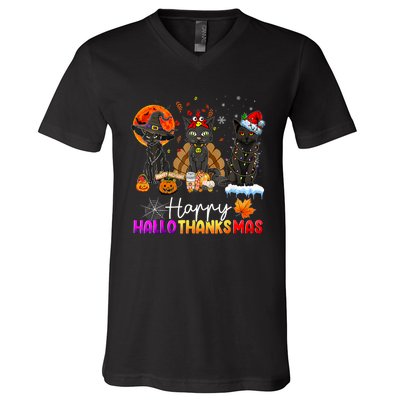 Happy Hallothanksmas Black Cat Halloween Thanksgiving Xmas V-Neck T-Shirt