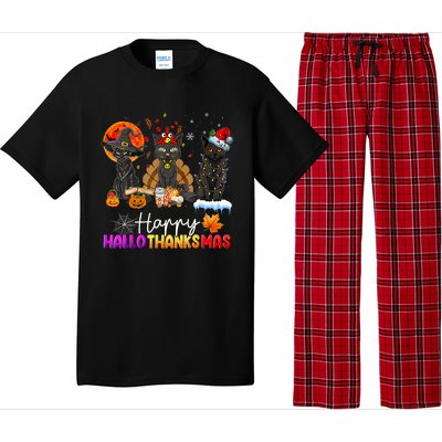 Happy Hallothanksmas Black Cat Halloween Thanksgiving Xmas Pajama Set