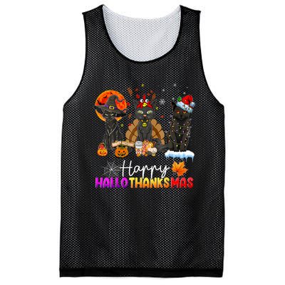 Happy Hallothanksmas Black Cat Halloween Thanksgiving Xmas Mesh Reversible Basketball Jersey Tank