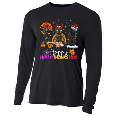 Happy Hallothanksmas Black Cat Halloween Thanksgiving Xmas Cooling Performance Long Sleeve Crew