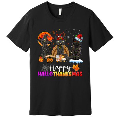 Happy Hallothanksmas Black Cat Halloween Thanksgiving Xmas Premium T-Shirt